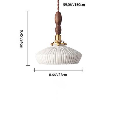 Traditional Japanese Walnut Brass Ceramic Round Bowl 1-Light Pendant Light For Dining Room