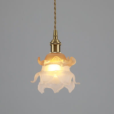 Modern Minimalist Flower Shaped All Brass Glass 1-Light Pendant Light For Bedroom