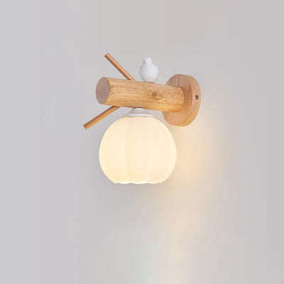 Traditional Farmhouse Solid Wood Flower Bud Glass Shade 1-Light Wall Sconce Lamp For Bedroom