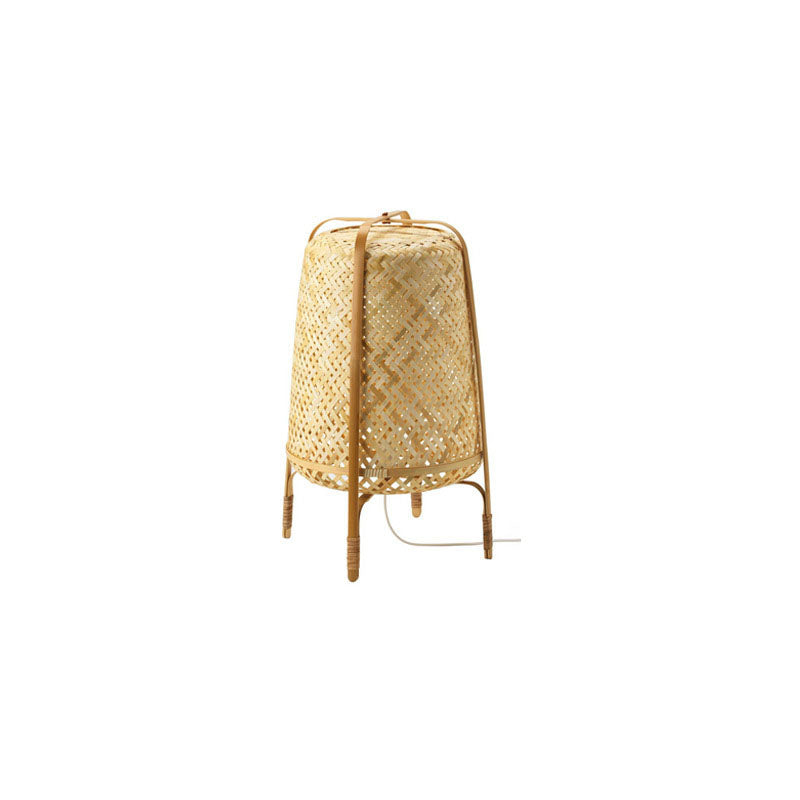 Traditional Japanese Cylindrical Hand-Woven Bamboo 1-Light Standing Floor Lamp For Bedroom