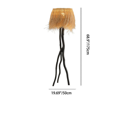 Traditional Rustic Bamboo Weaving Round Shade Resin Branch Base 1-Light Standing Floor Lamp For Entertainment Rooms