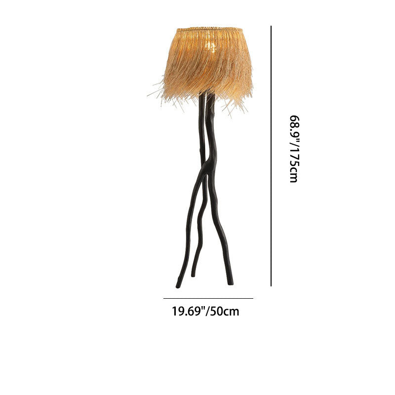 Traditional Rustic Bamboo Weaving Round Shade Resin Branch Base 1-Light Standing Floor Lamp For Entertainment Rooms