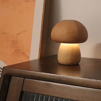 Contemporary Creative USB Mushroom Wood LED Table Lamp For Bedroom