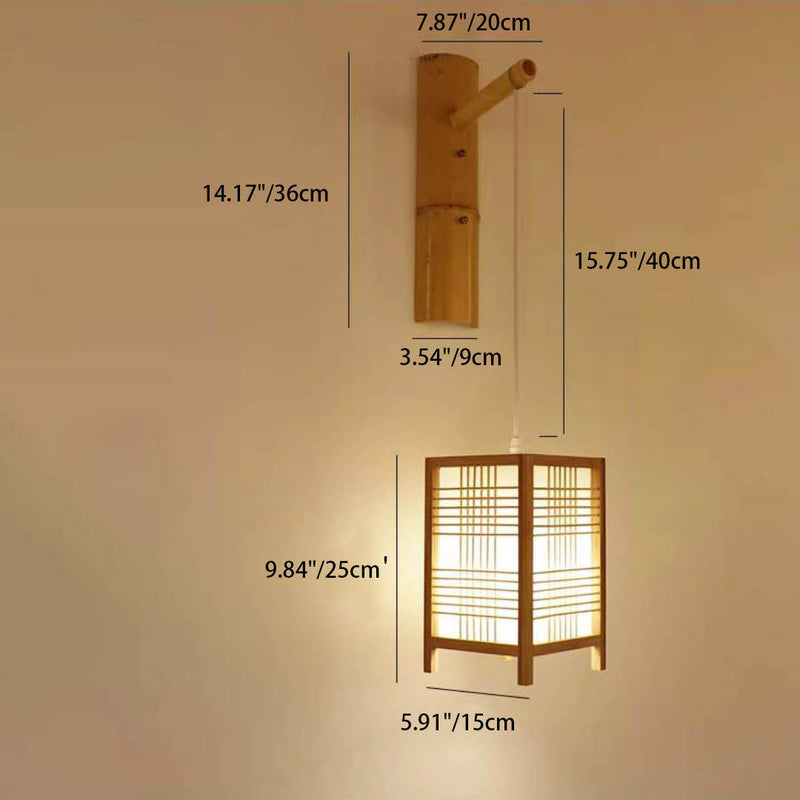 Traditional Japanese Style Bamboo Square 1-Light Wall Sconce Lamp For Living Room