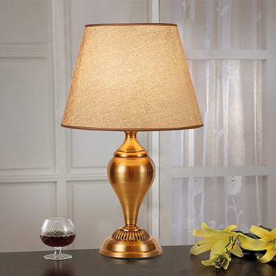 Modern Transitional Round Fabric Shade Hardware Base 1-Light Table Lamp For Bedroom