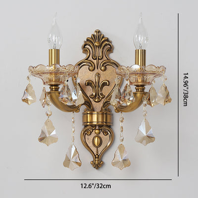 Traditional European Candlestick Holder Floral Zinc Alloy Jade Crystal 2-Light Wall Sconce Lamp For Living Room