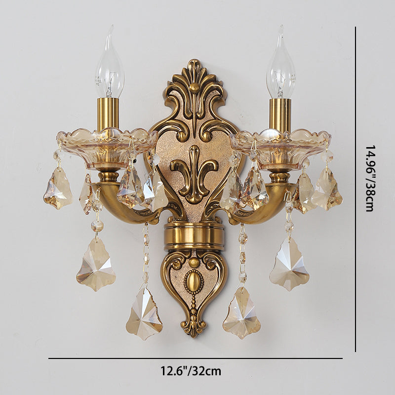 Traditional European Candlestick Holder Floral Zinc Alloy Jade Crystal 2-Light Wall Sconce Lamp For Living Room