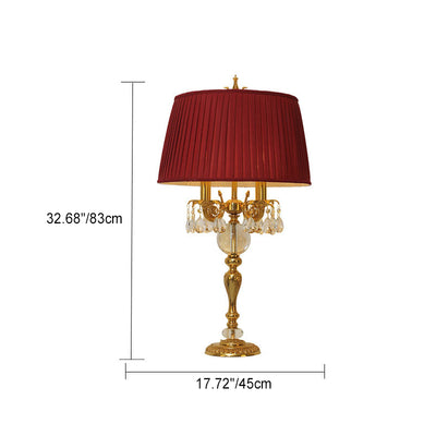 Traditional French Copper Crystal Fabric Cylinder Pleated 5-Light Table Lamp For Bedside