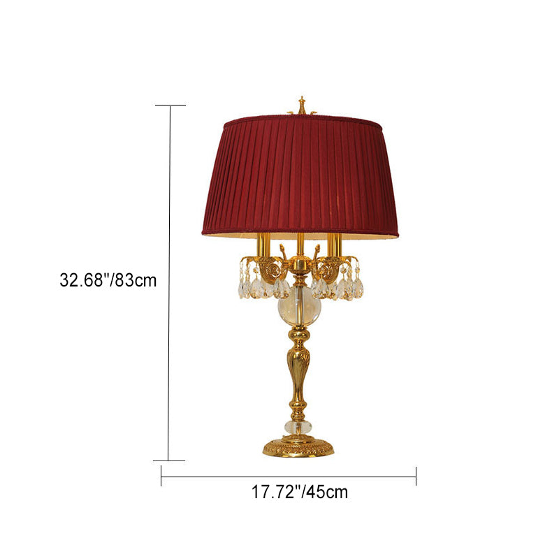 Traditional French Copper Crystal Fabric Cylinder Pleated 5-Light Table Lamp For Bedside