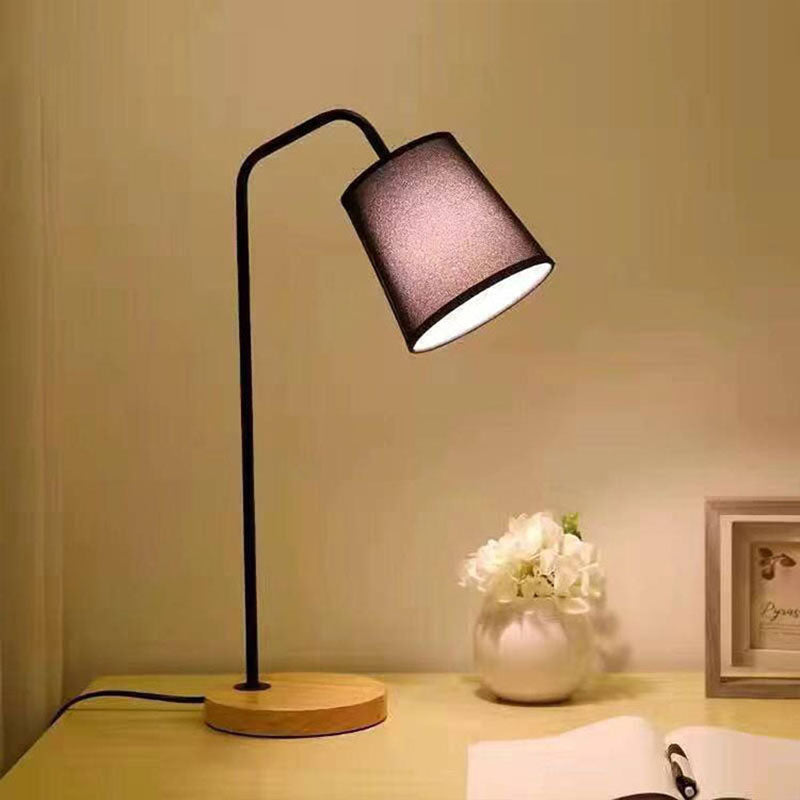 Contemporary Nordic Cylinder Fabric Shade Wooden Base 1-Light Table Lamp For Study