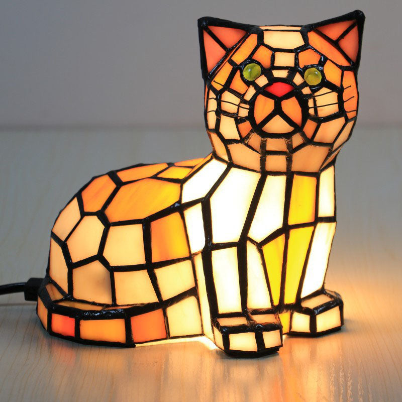 Lampe de table traditionnelle à 1 lumière en forme de chat en vitrail Tiffany pour chambre à coucher