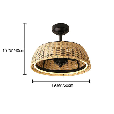 Modern Creative Rattan Weaving Round LED Downrods Ceiling Fan Light