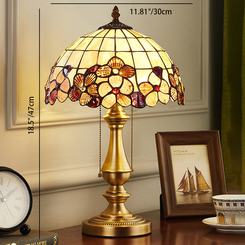 Traditional Tiffany Shell Stained Glass Shade Full Copper Base 1-Light Table Lamp For Bedroom