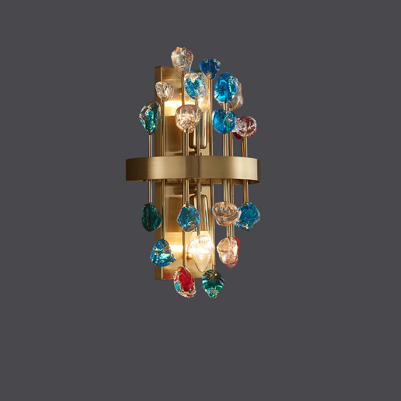 Modern Luxury Gold Finish Frame Colorful Crystal Stone 2-Light Wall Sconce Lamp For Living Room