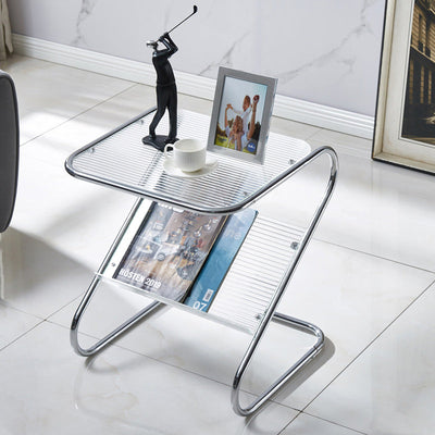 Modern Minimalist Square Z-Shape Iron Glass Side Table For Living Room