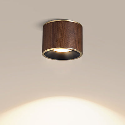 Traditional Chinese Walnut Aluminum Round Cylinder LED Flush Mount Ceiling Light For Hallway