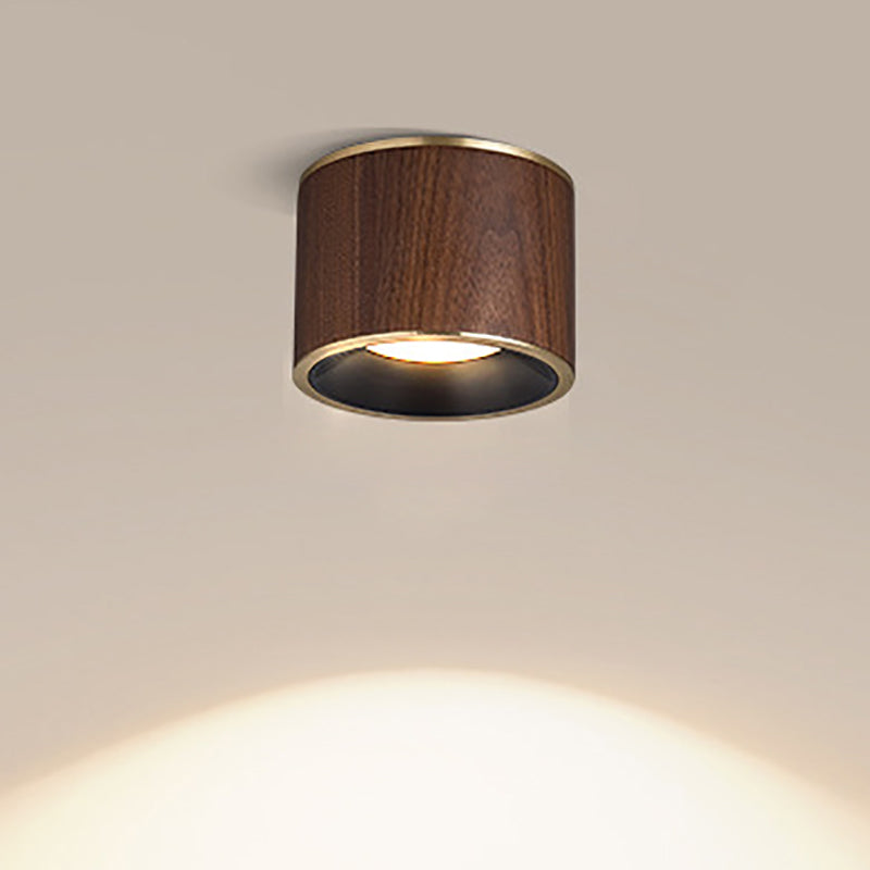 Traditional Chinese Walnut Aluminum Round Cylinder LED Flush Mount Ceiling Light For Hallway