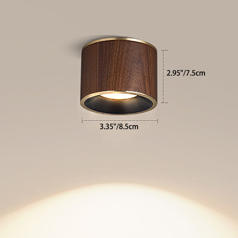 Traditional Chinese Walnut Aluminum Round Cylinder LED Flush Mount Ceiling Light For Hallway