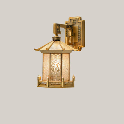 Traditional Chinese Waterproof Brass Stainless Steel Glass House Cylinder Conic 1-Light Wall Sconce Lamp For Outdoor Patio