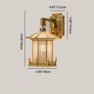 Traditional Chinese Waterproof Brass Stainless Steel Glass House Cylinder Conic 1-Light Wall Sconce Lamp For Outdoor Patio