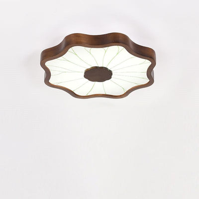 Traditional Chinese Lotus Leaf Wooden Iron Acrylic LED Flush Mount Ceiling Light For Living Room