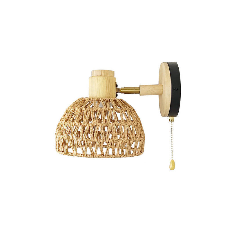 Traditional Farmhouse Paper Rattan Weaving Hollow Out Dome 1-Light Wall Sconce Lamp For Bedroom