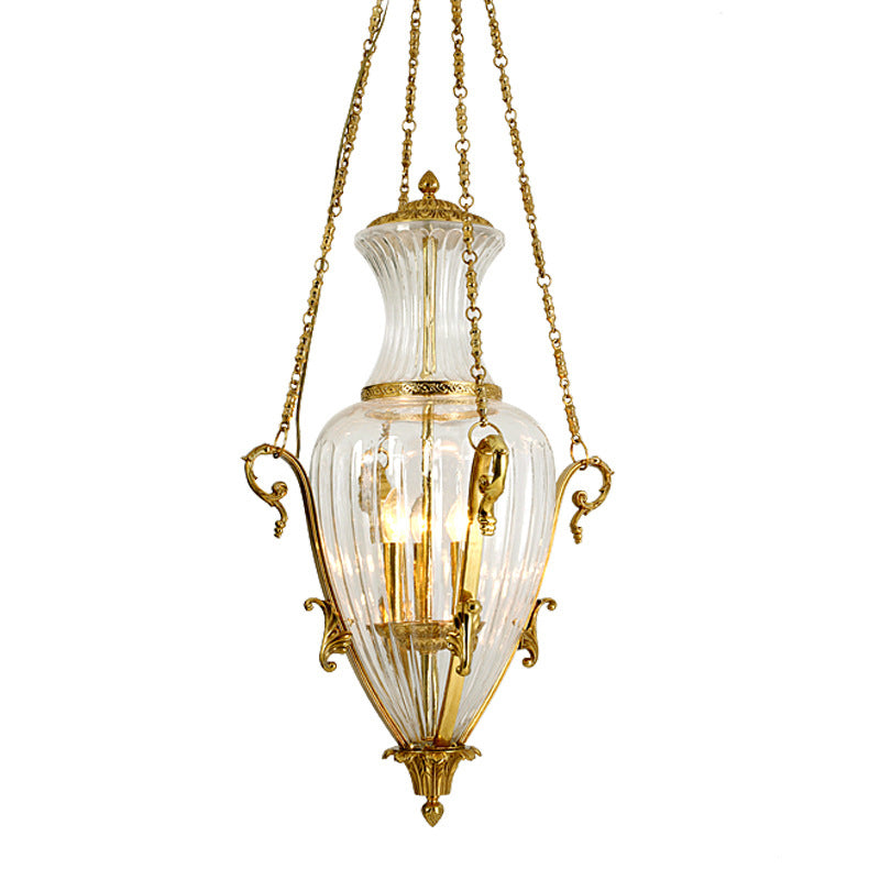 Contemporary Luxury Engraved Full Copper Glass Tapered Shade 4-Light Chandelier For Living Room