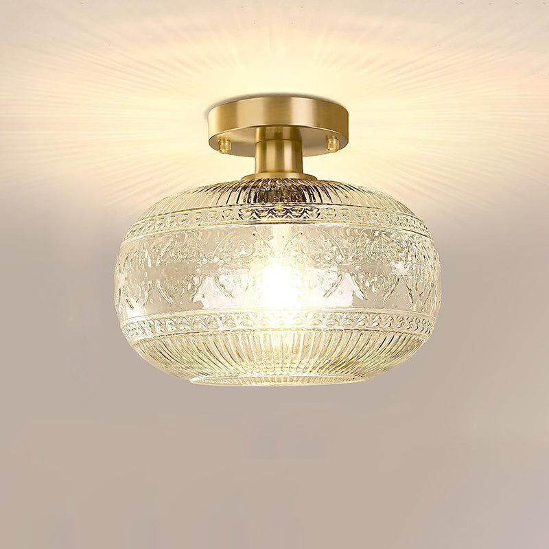 Modern Minimalist Round Patterned Spherical Glass Crystal Iron 1-Light Semi-Flush Mount Ceiling Light For Living Room