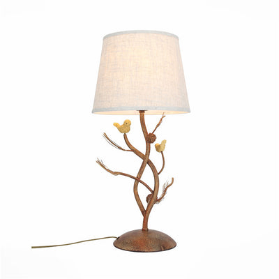 Lampe de table à 1 lumière avec abat-jour en tissu Art déco moderne, pomme de pin, oiseau, base en fer, pour chambre à coucher 