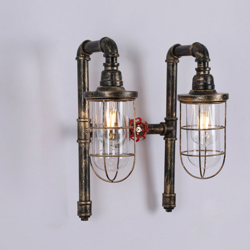 Industrial Metal Cage 2-Light Pipes Wall Sconce Lamp