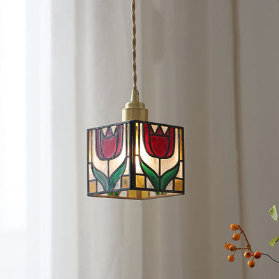 Traditional Tiffany Square Tulip Red Rose Rubik's Cube Brass Stained Glass 1-Light Pendant Light For Living Room