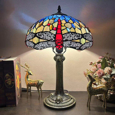 Traditional Tiffany Metal Hardware Glass Semicircular Dragonfly Flower Water Drop 1-Light Table Lamp For Bedroom