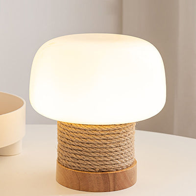 Modern Minimalist Cylinder Mushroom Shape Oak Twine Glass 1-Light Table Lamp For Bedroom