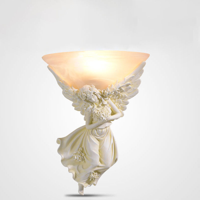 Traditional European Resin Angel Wing Glass Cup Shade 1-Light Wall Sconce Lamp For Living Room