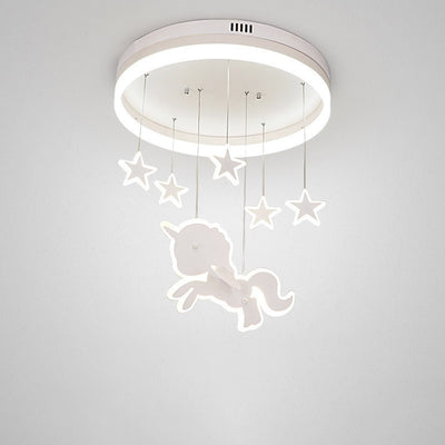 Contemporary Nordic Kids Iron Acrylic Round Unicorn Star LED Flush Mount Ceiling Light For Bedroom