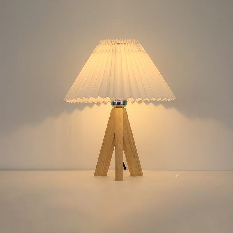 Modern Minimalist Trapezoid Tripod Pleated Fabric Shade Wood 1-Light Table Lamp For Bedroom