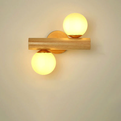 Contemporary Scandinavian Cylinder Orb Rubberwood Glass 2-Light Wall Sconce Lamp For Bedroom