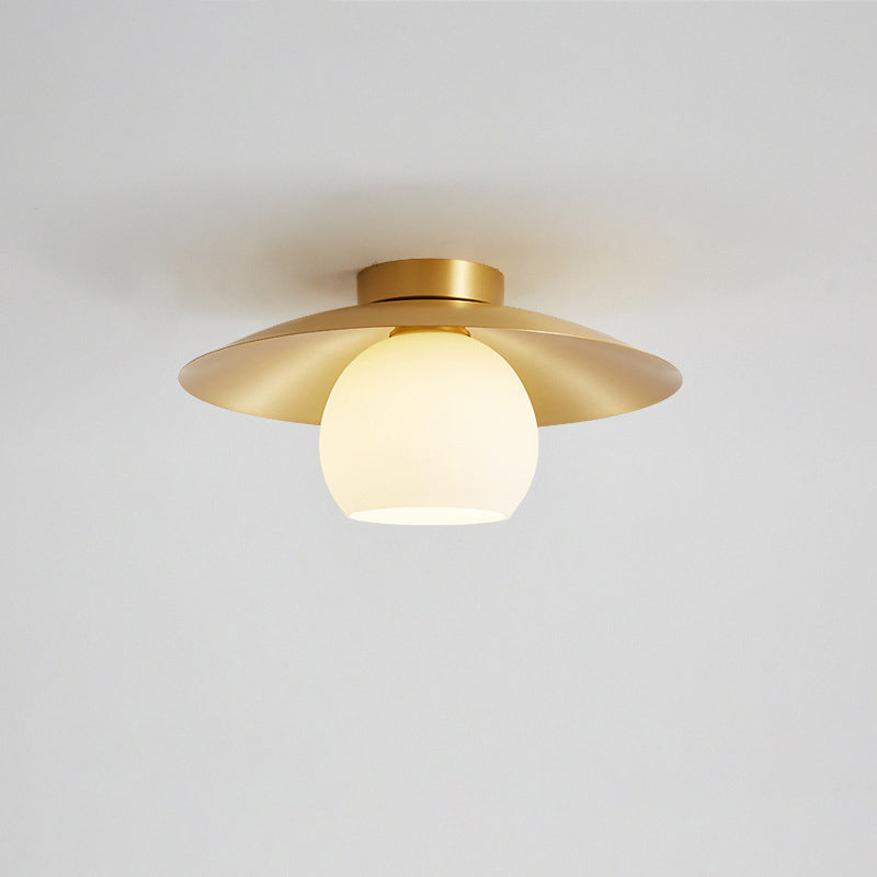 Contemporary Nordic Cream Round All Copper Glass 1-Light Semi-Flush Mount Ceiling Light For Hallway