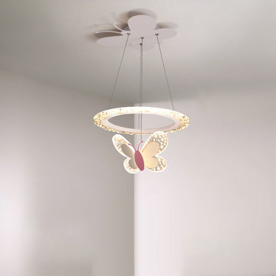 Contemporary Creative Kids Round Butterfly Iron Acrylic LED Chandelier For Bedroom