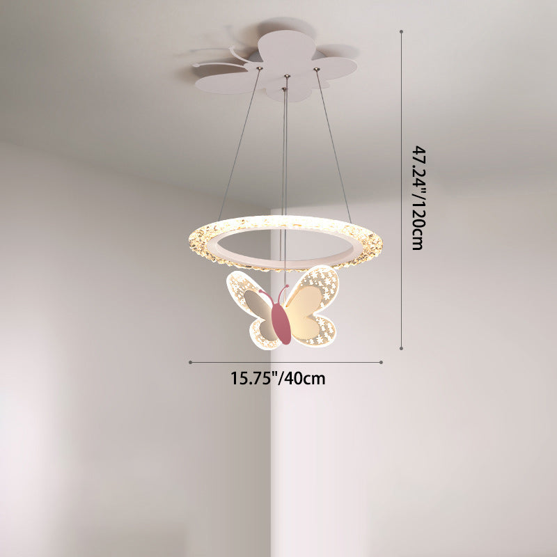 Contemporary Creative Kids Round Butterfly Iron Acrylic LED Chandelier For Bedroom