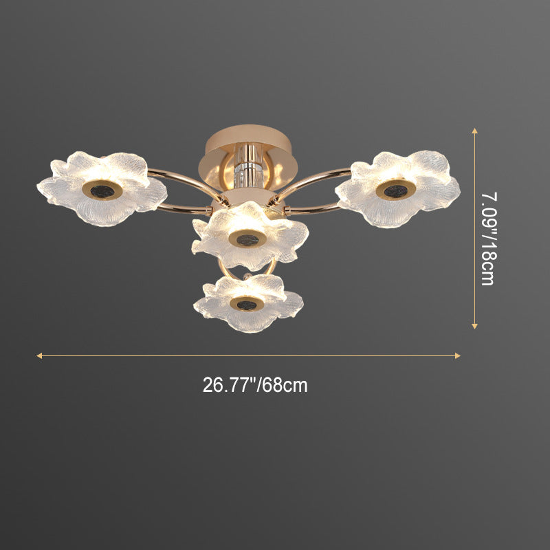 Contemporary Luxury Gold Finish Frame Enamel Bauhinia Glass Shade LED Semi-Flush Mount Ceiling Light For Living Room