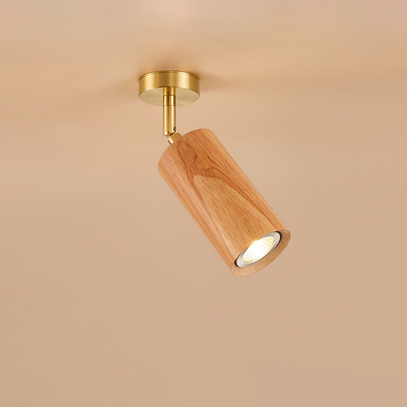 Traditional Chinese Cylinder Iron Wood LED Spotlight Semi-Flush Mount Ceiling Light For Living Room