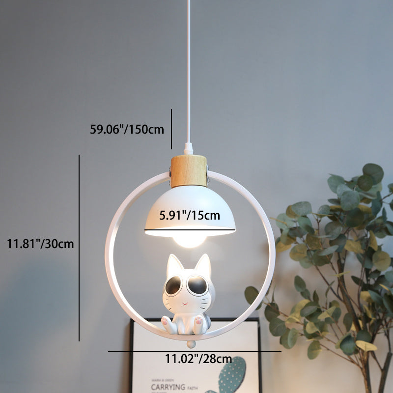 Contemporary Nordic Wood Iron Resin Round Cartoon Cat 1-Light Pendant Light For Bedside