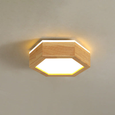 Traditional Japanese Hexagon Wood Acrylic LED Flush Mount Ceiling Light For Living Room