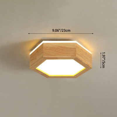 Traditional Japanese Hexagon Wood Acrylic LED Flush Mount Ceiling Light For Living Room