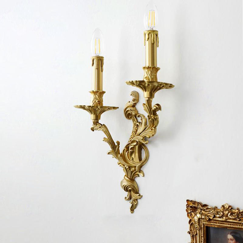 Traditional French Luxury Brass Candelabra Carved 2/3 Light Wall Sconce Lamp For Bedroom