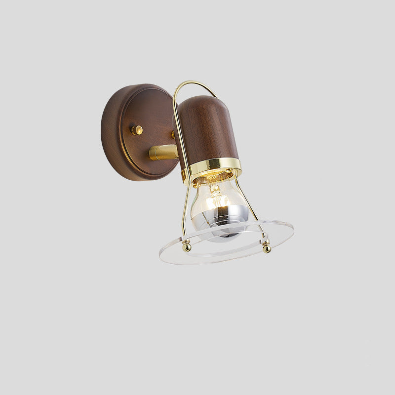 Traditional Vintage Walnut Iron Acrylic Cylinder Round Disk 1-Light Wall Sconce Lamp For Bedside