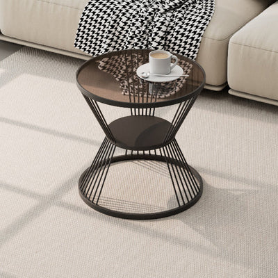 Modern Minimalist Round Hourglass Shape Glass Iron Coffee Table 2-Tier For Living Room