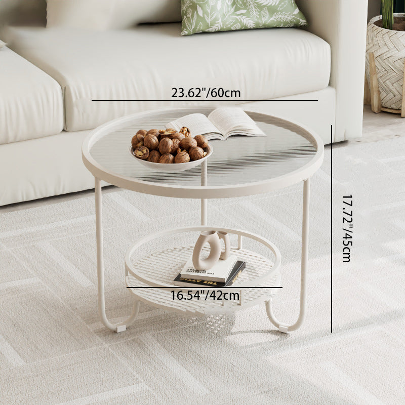 Modern Simplicity Round Striped Glass Slab Metal Coffee Table 2-Tier For Living Room