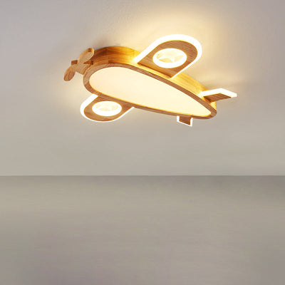 Contemporary Creative Woodgrain Cartoon Animal Bee Aircraft Acrylic LED Kids Flush Mount Ceiling Light For Living Room